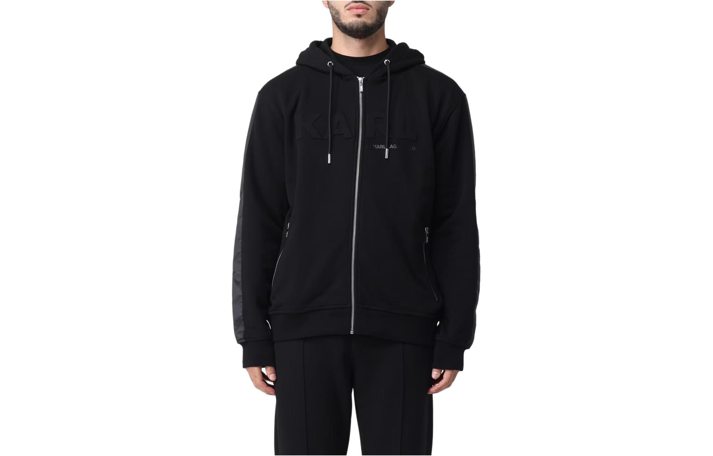 Karl Lagerfeld Black Solid Hooded Zip Jacket Outdoor Casual Wear 705003592910-990