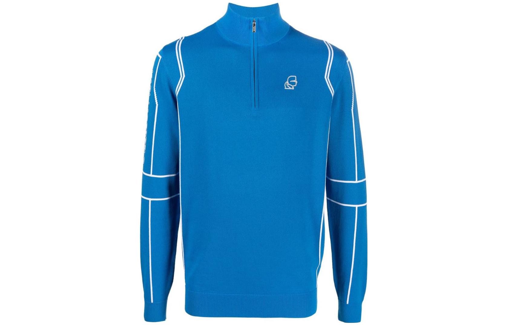 Karl Lagerfeld Blue Striped Print High Neck Half-Zip Pullover Sweater KL220279650650