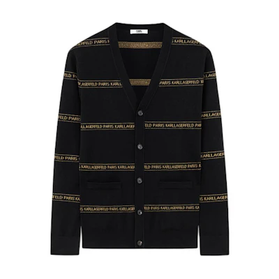 KARL LAGERFELD FW23 Black V-Neck Slim Fit Knit Cardigan with Logo Beads 1K1B51003182
