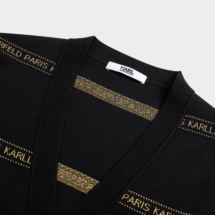 Details for KARL LAGERFELD FW23  Black V-Neck Slim Fit Knit Cardigan with Logo Beads 1K1B51003182