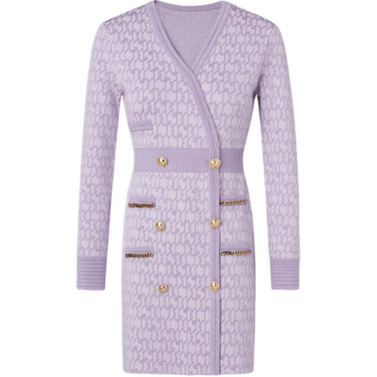 KARL LAGERFELD Purple Jacquard Pattern V-Neck Slim Fit Long Sleeve Dress Women 221L2021