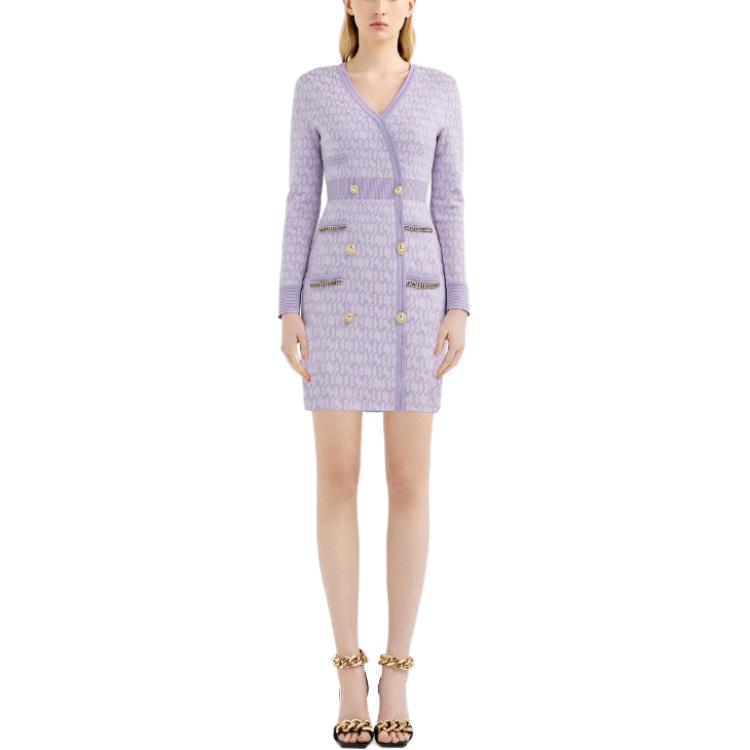 KARL LAGERFELD Purple Jacquard Pattern V-Neck Slim Fit Long Sleeve Dress Women 221L2021 圖 3