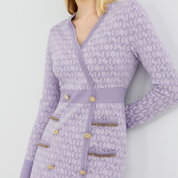 KARL LAGERFELD Purple Jacquard Pattern V-Neck Slim Fit Long Sleeve Dress Women 221L2021 圖 7