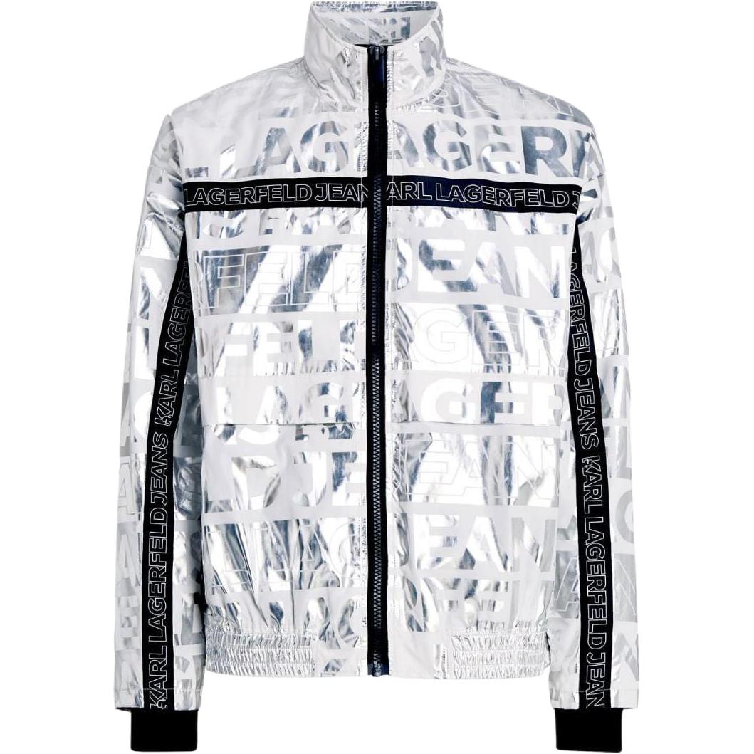 Karl Lagerfeld Silver High-Neck Zip-Up Jacket with Logo Print for Men 235D1503137