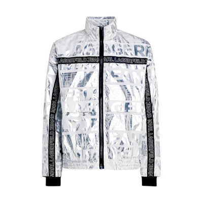 Karl Lagerfeld Silver High-Neck Zip-Up Jacket with Logo Print for Men 235D1503137