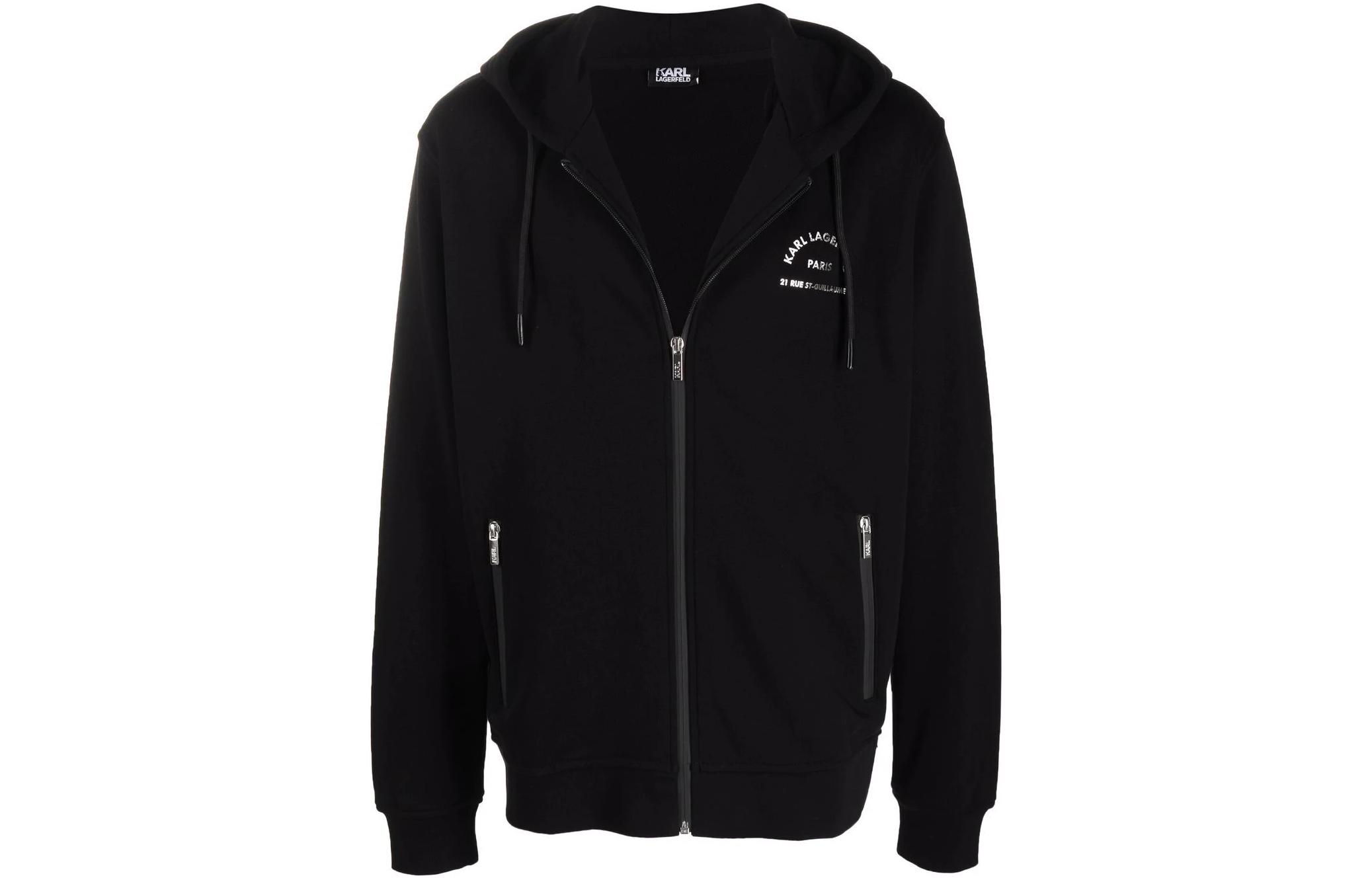 Karl Lagerfeld Solid Logo Print Zip Hoodie Jacket Black 705071512900990