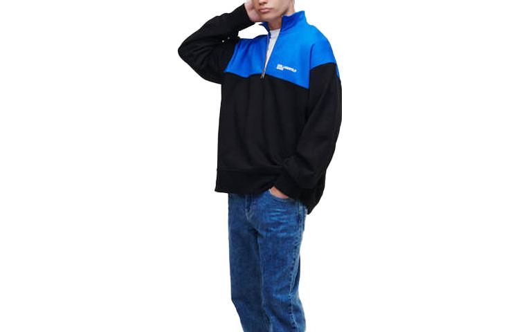 Karl Lagerfeld SS23 Blue Half-Zip Sweatshirt with Colorblock Logo Print () 231D1802101