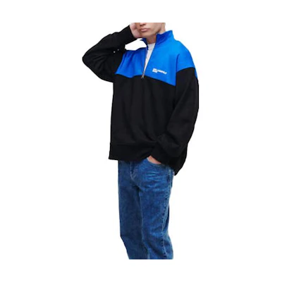 Karl Lagerfeld SS23 Blue Half-Zip Sweatshirt with Colorblock Logo Print () 231D1802101