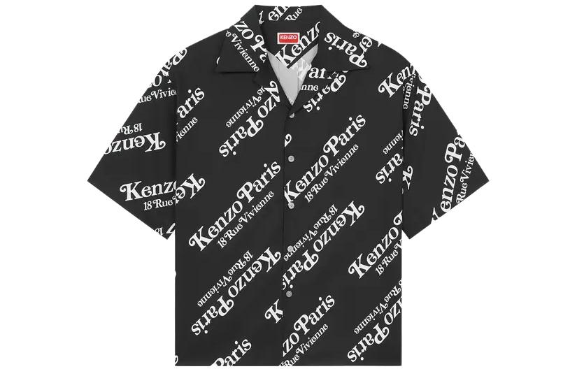 Order KENZO Kemeja Hitam Kasual Lengan Pendek dengan Butang Huruf. FE55CH1119P4-99