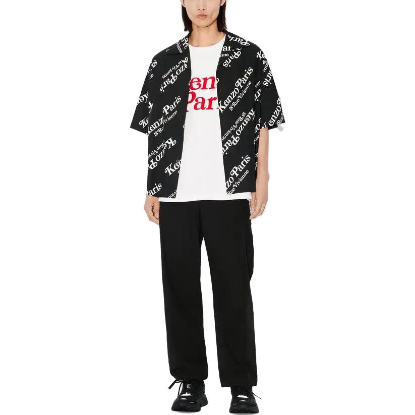 Shop KENZO Kemeja Hitam Kasual Lengan Pendek dengan Butang Huruf. FE55CH1119P4-99