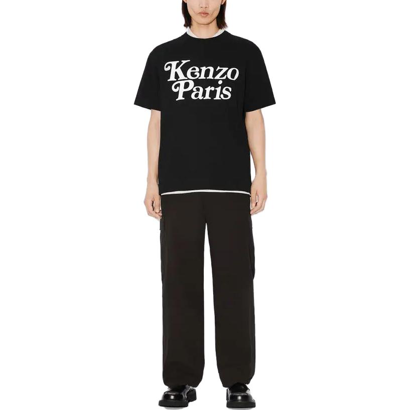 Shop 겐조 블랙 크루넥 티셔츠 레터 프린트 디자인. FE55TS1914SY-99J