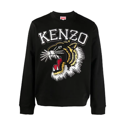 KENZO Black Crewneck Sweatshirt with Solid Logo and Ribbed Hem. FE55SW1844MF-99J