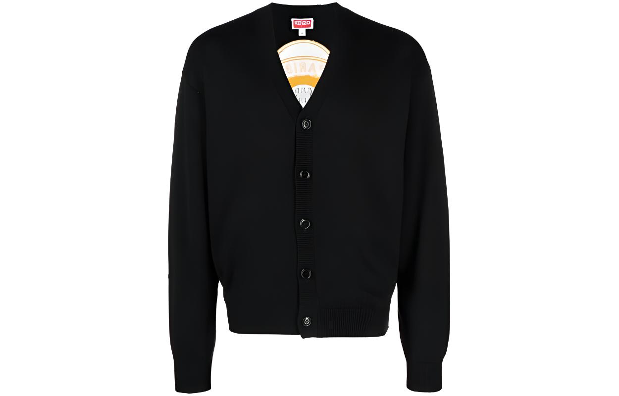 KENZO  Black V-Neck Button-Up Knit Cardigan with Drop Shoulders. FD65CA4163BB-99J