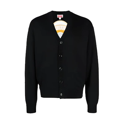 KENZO Black V-Neck Button-Up Knit Cardigan with Drop Shoulders. FD65CA4163BB-99J