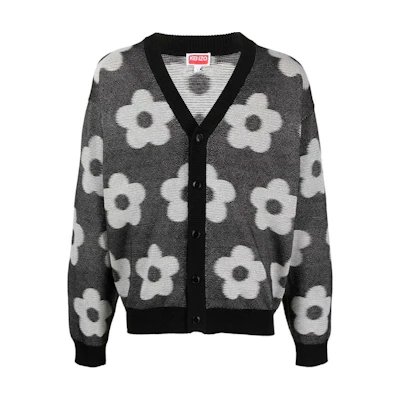 KENZO Black V-Neck Knit Cardigan with Full Print Design. FD65CA4103CA-99J