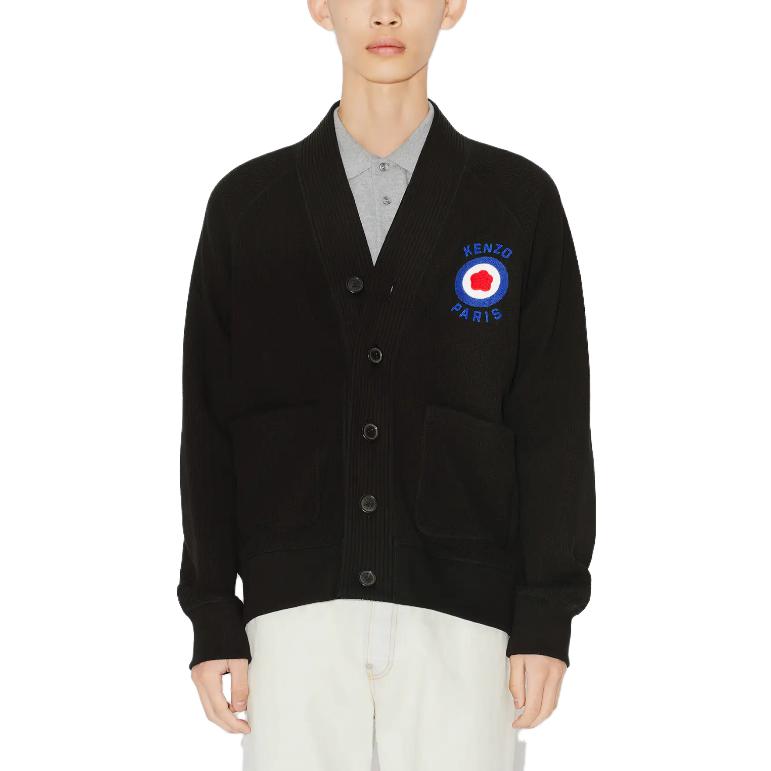 Shop 겐조 블랙 브이넥 로고 패턴 니트 가디건. FD65SW0664WB-99