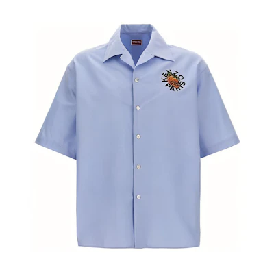 KENZO Blue Short Sleeve Loose Fit Shirt with Logo Print. FE55CH1119LO-64