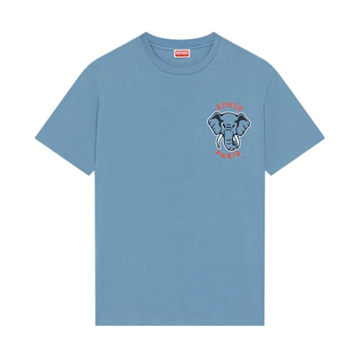 KENZO Blue T-Shirt with Solid Color and Elephant Graphic Design. FD65TS0024SO-69