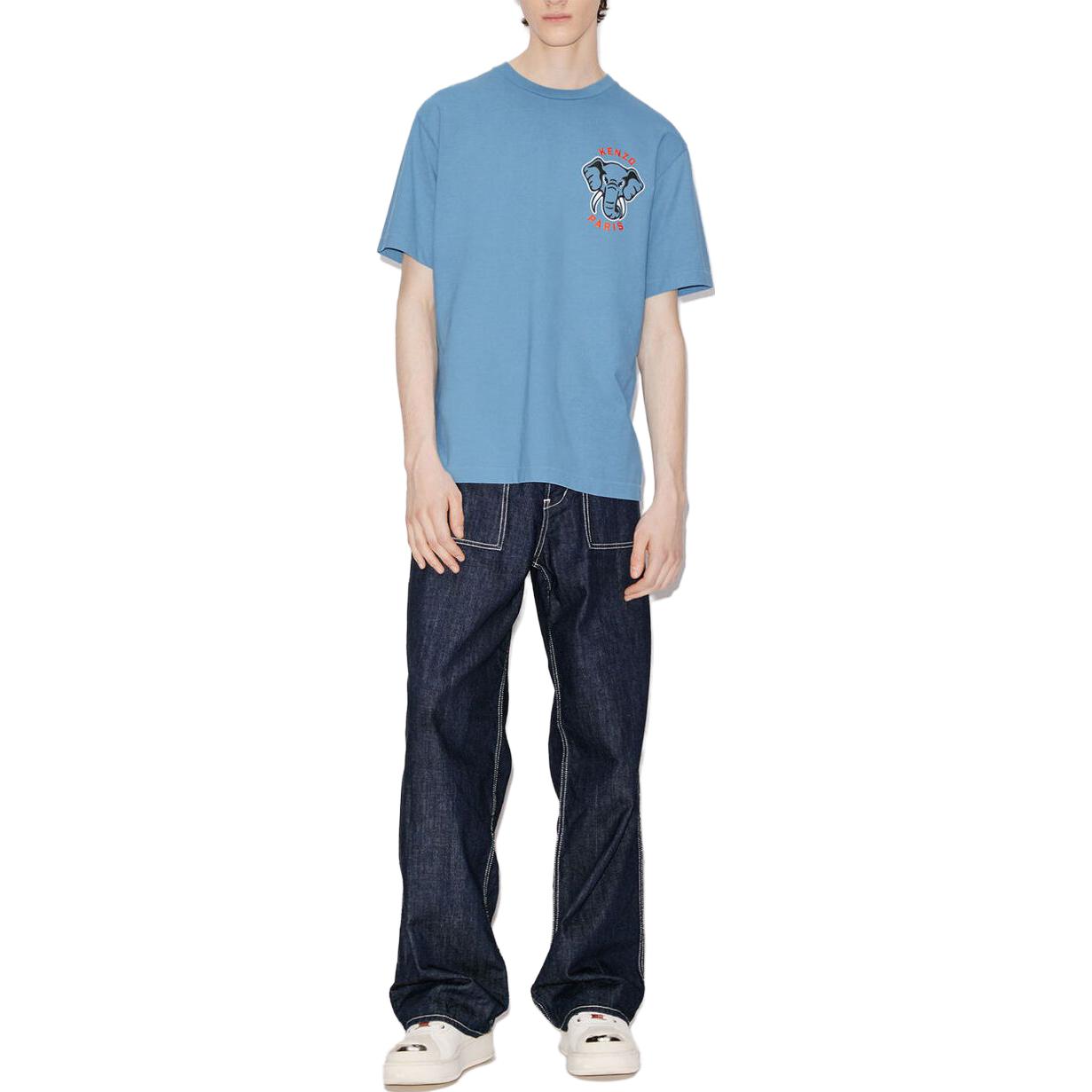 Shop KENZO Camiseta Azul con Color Sólido y Diseño Gráfico de Elefante. FD65TS0024SO-69