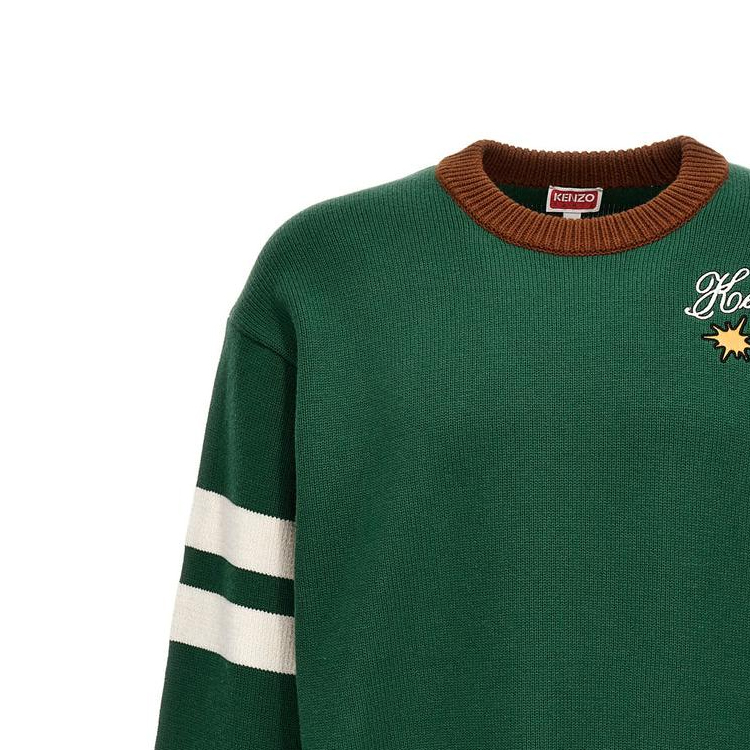 Shop KENZO  Green Crewneck Sweater with Logo Print. FD65PU4133-BJ53