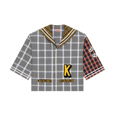 KENZO Plaid Letter Polo Short Sleeve Shirt Mist Gray FD55CH1159RH-96