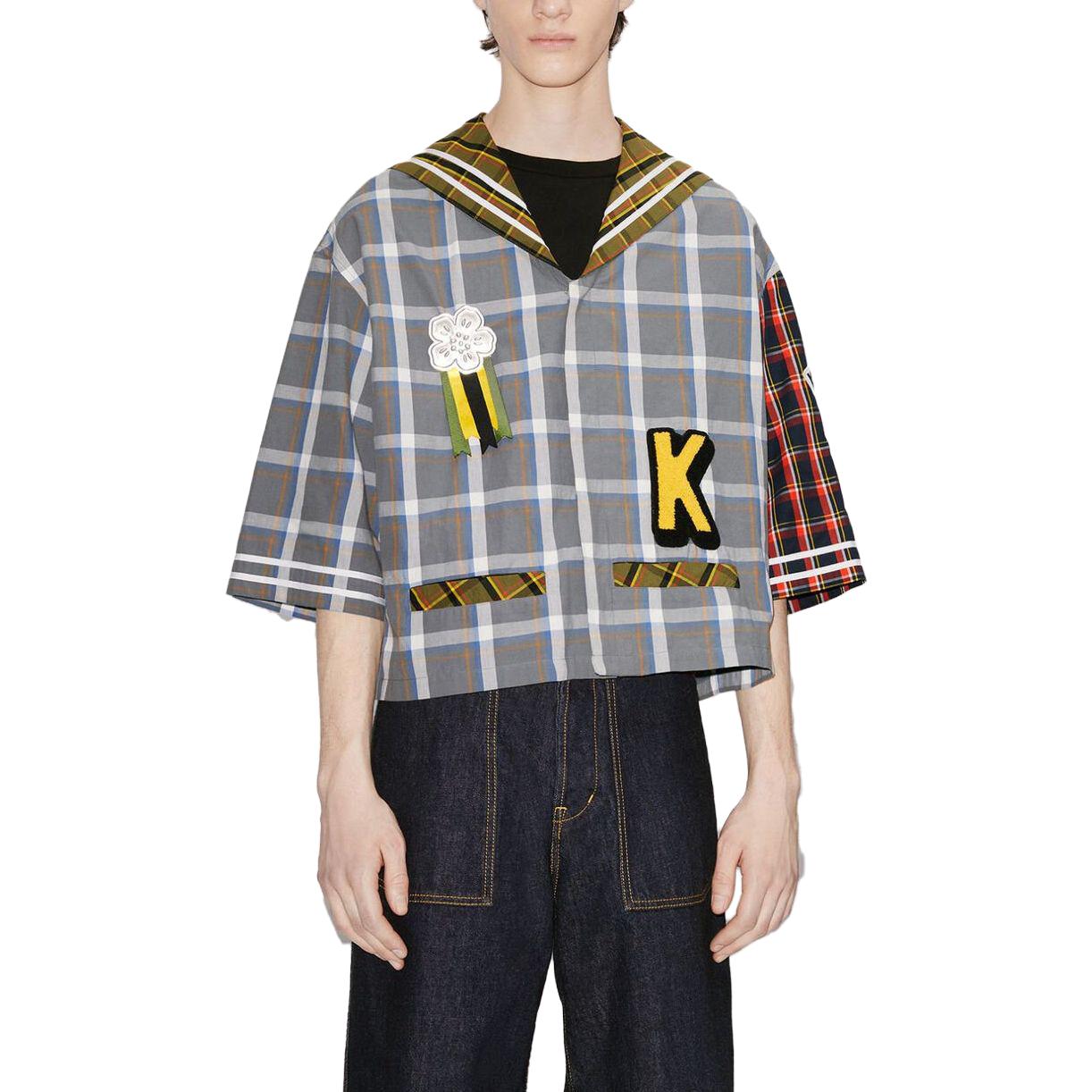 Shop KENZO 格紋字母短袖Polo衫 霧灰色 FD55CH1159RH-96