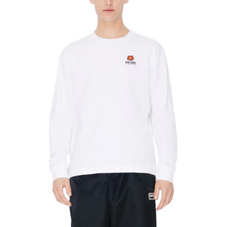 Shop KENZO 白色花卉刺繡Logo長袖圓領T恤 FE55TS1854SG-01