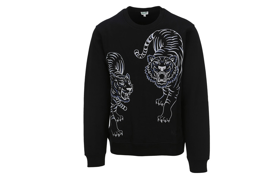 KENZO Black Cotton Pullover Sweatshirt with Twin Tiger Embroidery F96-5SW009-4XG-99