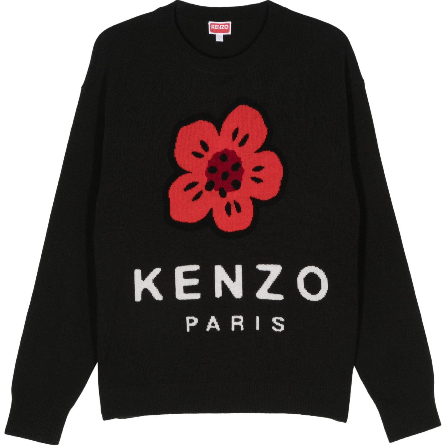 KENZO Black Crewneck Sweater with Floral Alphabet Knit Design POIZON240715318