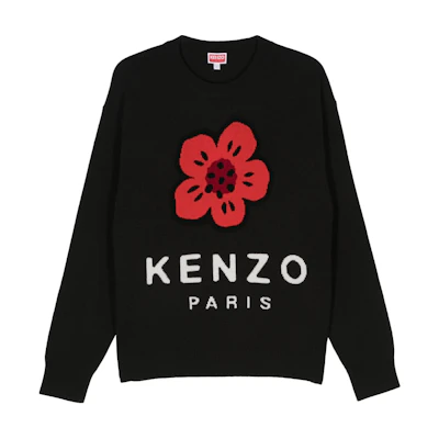 KENZO Black Crewneck Sweater with Floral Alphabet Knit Design POIZON240715318