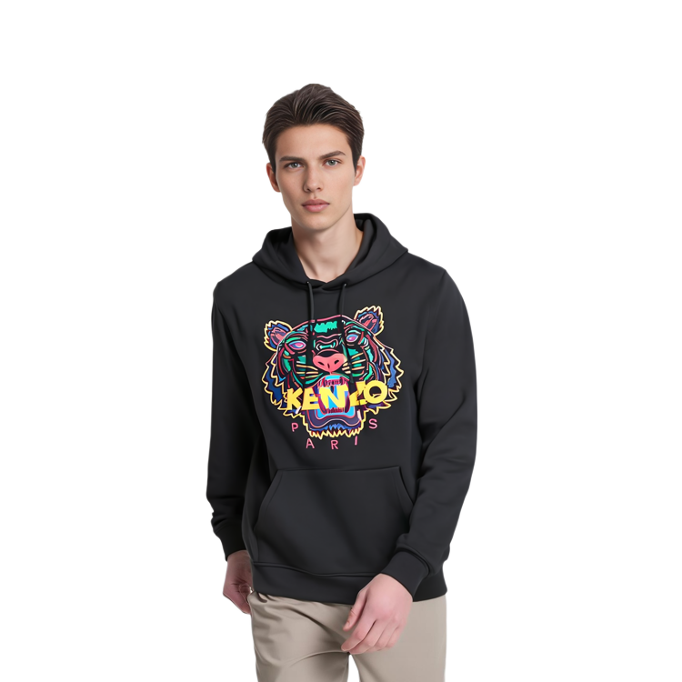 Shop KENZO Black Embroidered Tiger Hoodie F96-5SW415-4XA-99