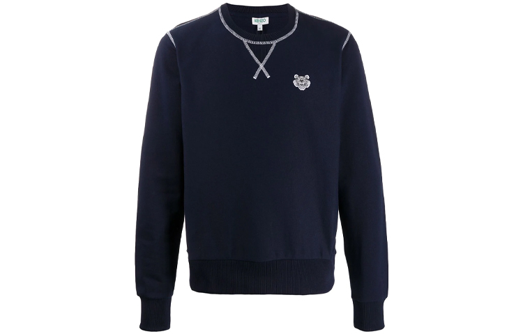 KENZO Blue Crewneck Pullover Sweatshirt with Contrast Stitch & Logo Embroidery FA55SW3114MD-77