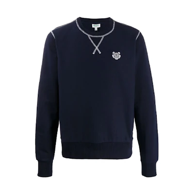 KENZO Blue Crewneck Pullover Sweatshirt with Contrast Stitch & Logo Embroidery FA55SW3114MD-77