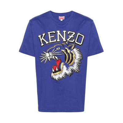 KENZO Blue Embroidered Tiger Logo Graphic Crewneck T-Shirt for Men FE55TS1874SG-75