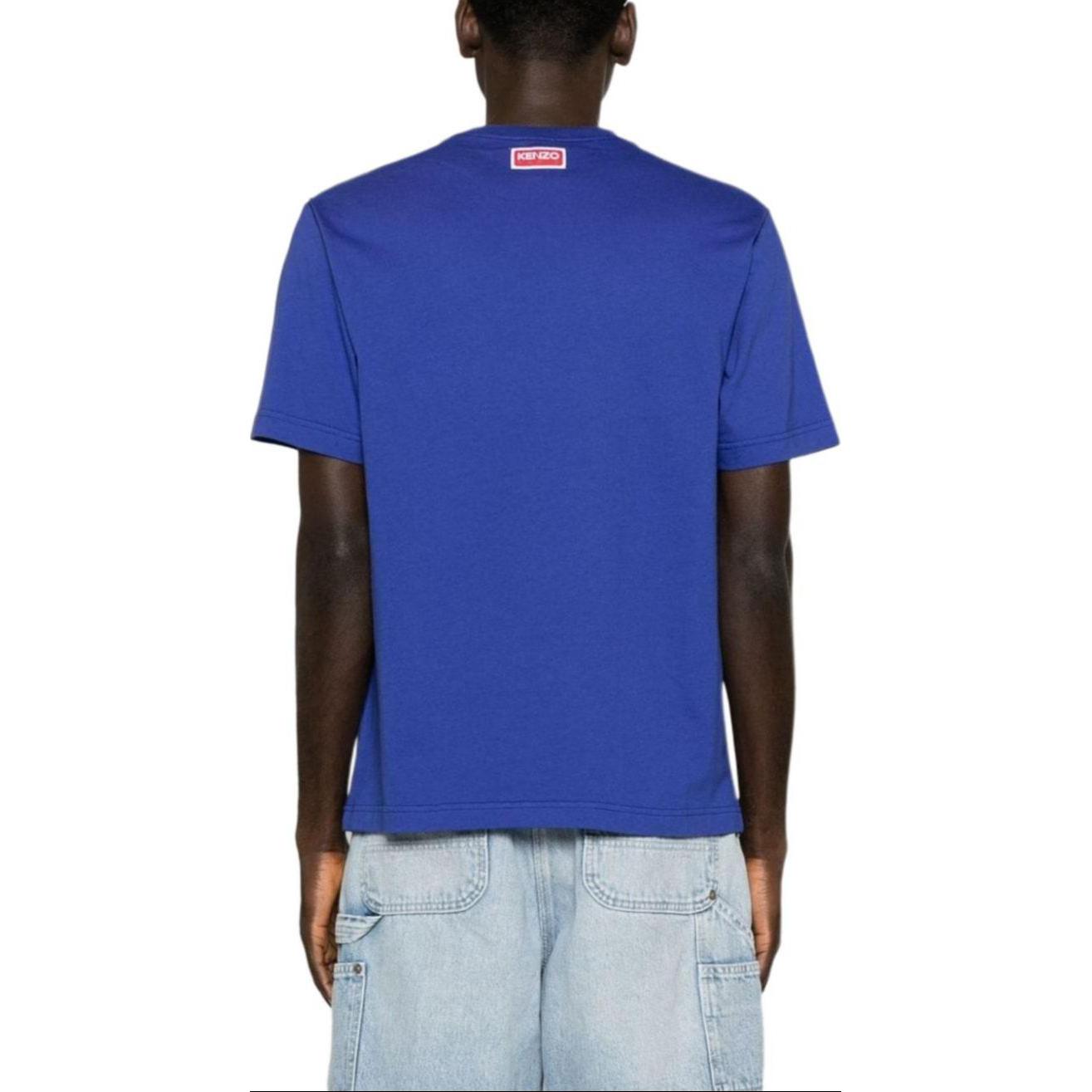 Shop KENZO Blue Embroidered Tiger Logo Graphic Crewneck T-Shirt for Men FE55TS1874SG-75