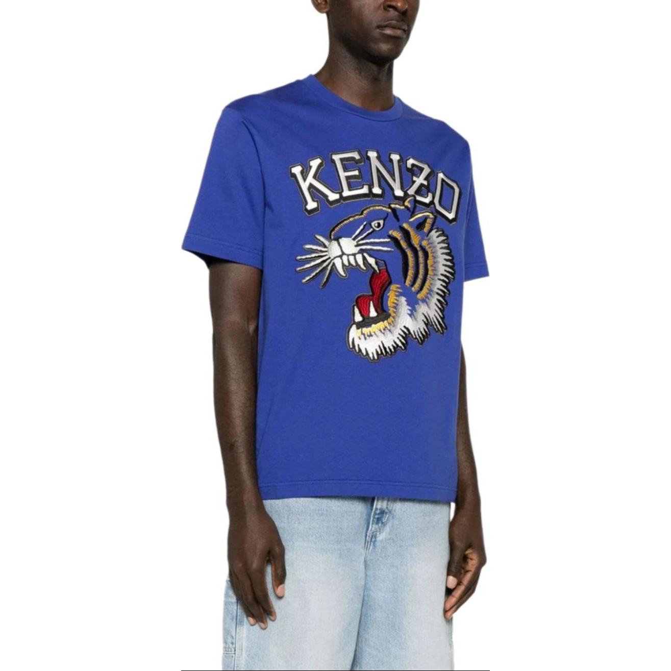Purchase KENZO Blue Embroidered Tiger Logo Graphic Crewneck T-Shirt for Men FE55TS1874SG-75