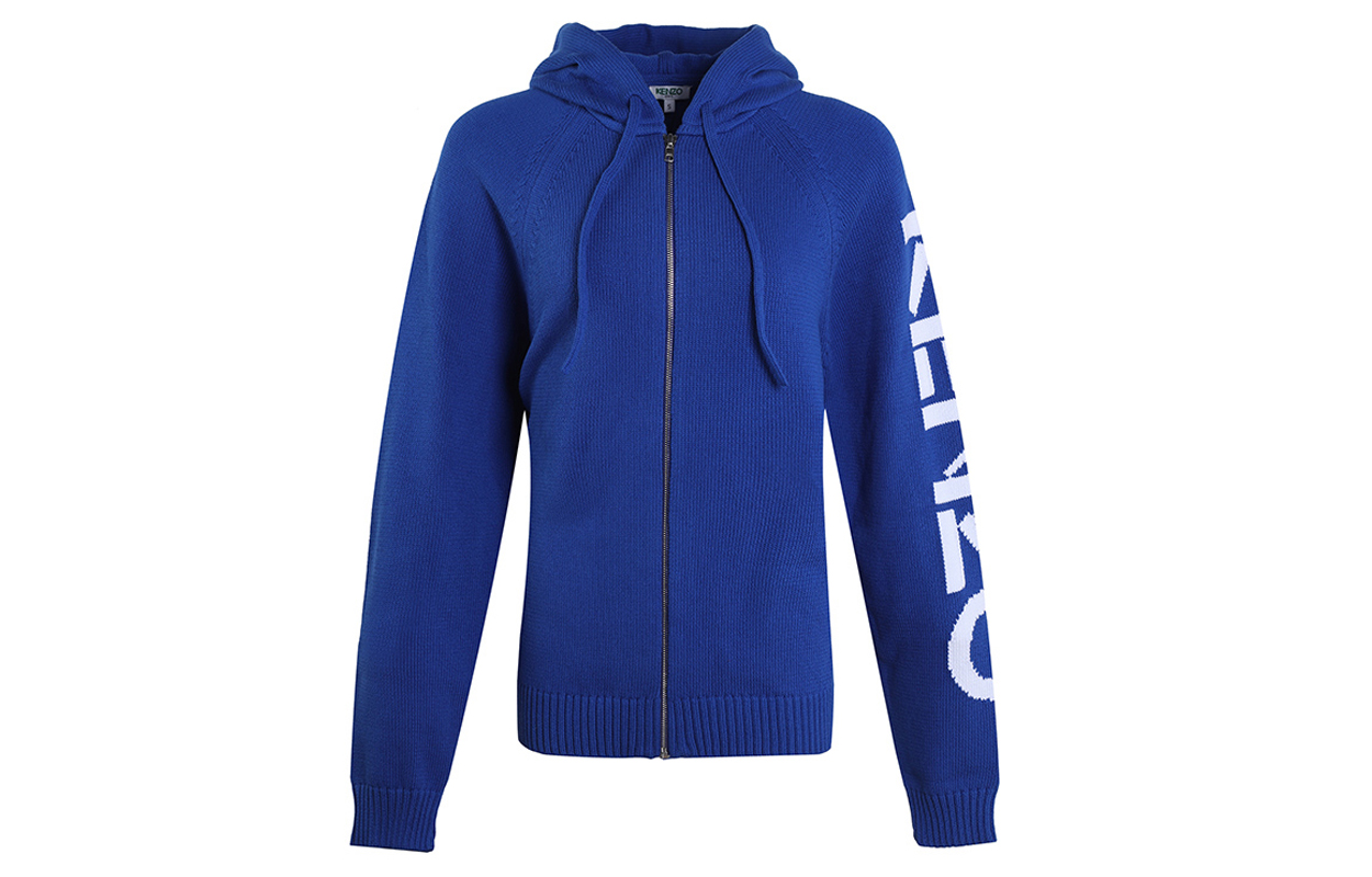 KENZO Blue Knitted Hoodie with Logo and Zipper F965CA2003BA-70