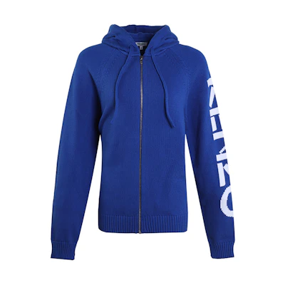 KENZO Blue Knitted Hoodie with Logo and Zipper F965CA2003BA-70