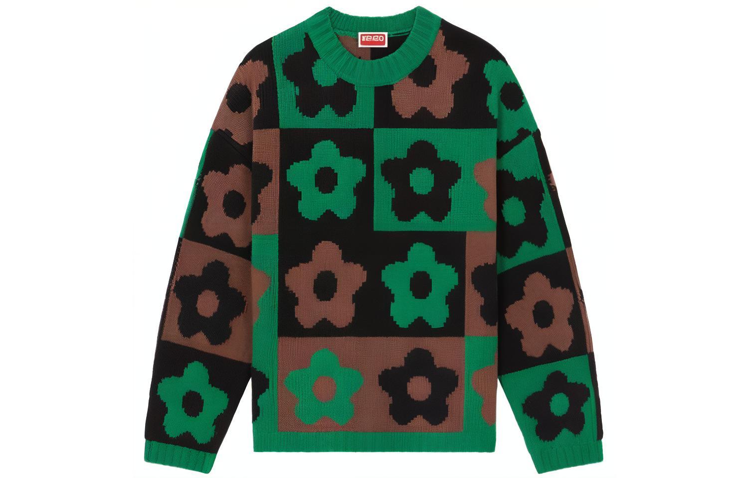KENZO Boke Flower Checkerboard Knit Pullover Jumper Green  Sweater. FD65PU4043CH57