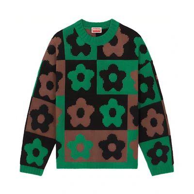KENZO Boke Flower Checkerboard Knit Pullover Jumper Green Sweater. FD65PU4043CH57