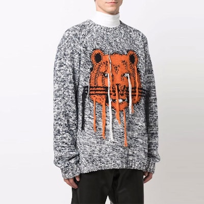 KENZO 經典虎頭標誌男士灰色寬鬆版圓領毛衣 FB65PU6323TD-93 Purchase KENZO 經典虎頭標誌男士灰色寬鬆版圓領毛衣 FB65PU6323TD-93