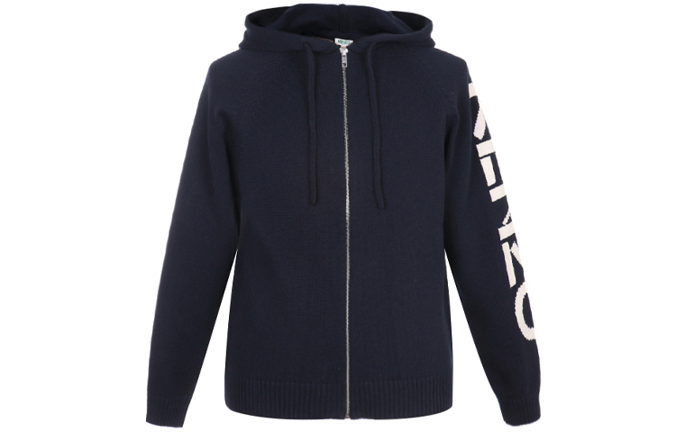 KENZO Deep Blue Zip-Up Knit Hoodie with Drawstring FA55CA2003BA-77