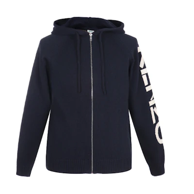 KENZO Deep Blue Zip-Up Knit Hoodie with Drawstring FA55CA2003BA-77