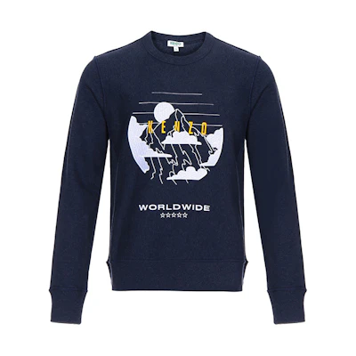 KENZO Embroidered Mountain Crewneck Sweatshirt Men Navy Blue F96-5SW302-4MB-76