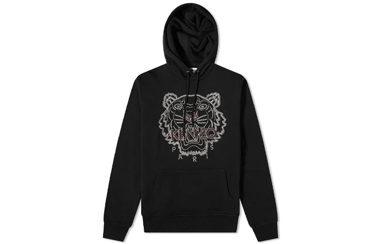 KENZO FW21 Black Hoodie with Logo and Tiger Embroidery. FB65SW3344XF-99