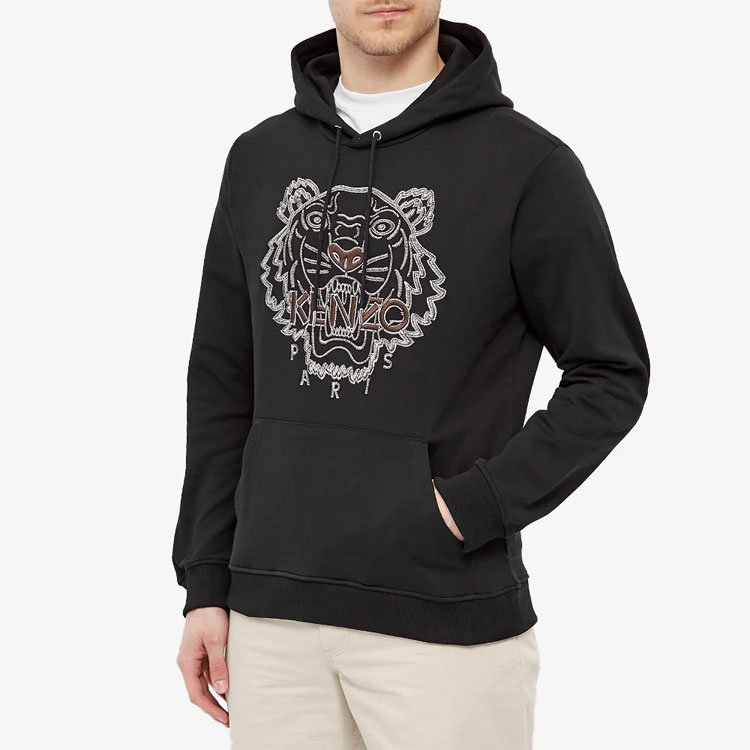 Shop KENZO FW21 Black Hoodie with Logo and Tiger Embroidery. FB65SW3344XF-99