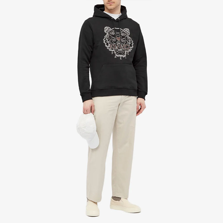 Details for KENZO FW21 Black Hoodie with Logo and Tiger Embroidery. FB65SW3344XF-99
