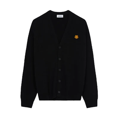 KENZO FW21 Black Wool Cardigan with Tiger Head Stamp Design for Men. FB65CA6353TA-99