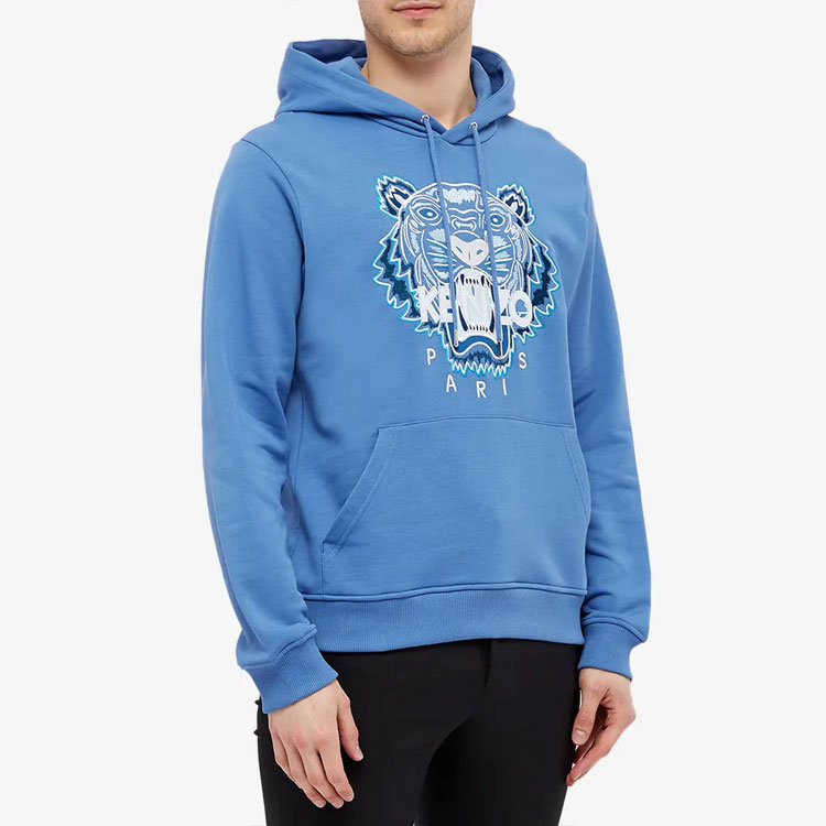 Shop KENZO FW21 Hoodie Biru Longgar dengan Sulaman Kepala Harimau. FB65SW3334XA-72