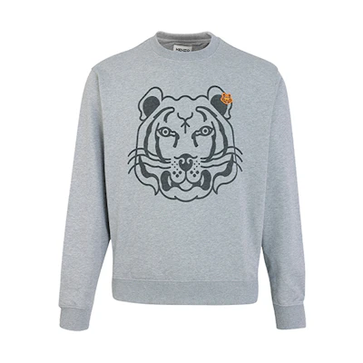 KENZO FW21 Grey Pullover Sweatshirt with Logo Tiger Embroidery. 5SW005-4MO